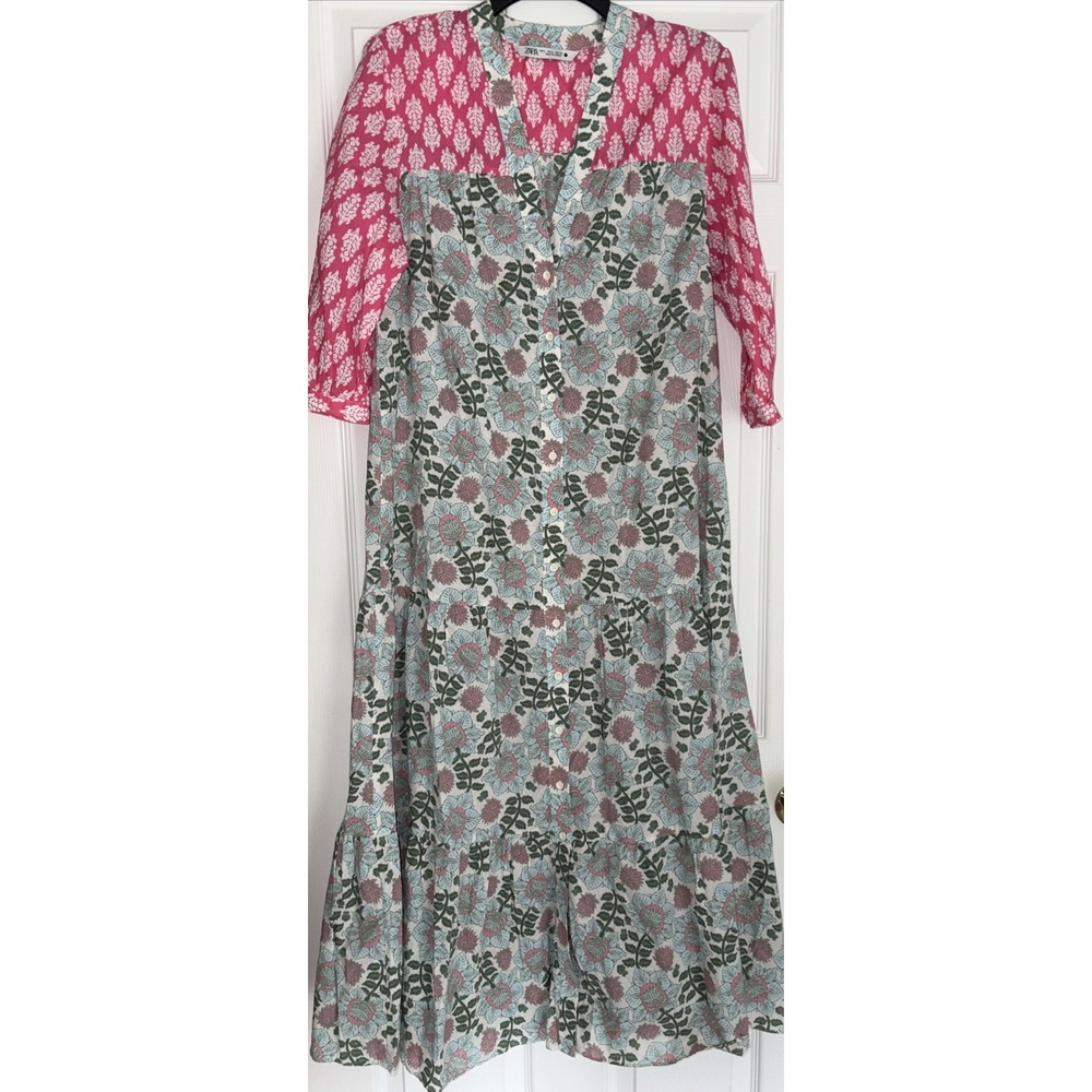 ZARA Paloma Block Floral Printed Midi Shirt Dress Womens S 3/4 Sleeves Ruffles
